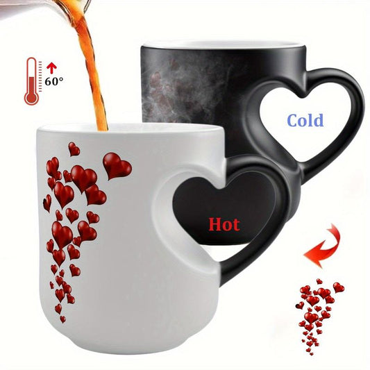 1Pc Heart-Shaped Color Changing Ceramic Mug - Hot/Cold Thermochromic Design, Red Heart Pattern, Reusable Coffee Cup for Valentine'S Day