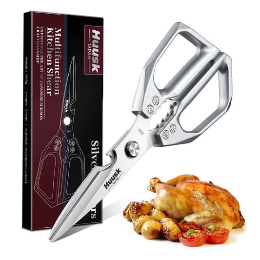 Huusk Kitchen Scissors All Purpose -Fallfreshness- Stainless Steel Kitchen Shears, Sharp Silver Meat Scissors, Dishwasher Safe, Poultry Shears, Japanese Cooking Scissors for Food, Chicken Bones, and Turkey, Christmas Gift!